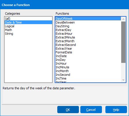 Choose a Function dialog box that displays all available functions.